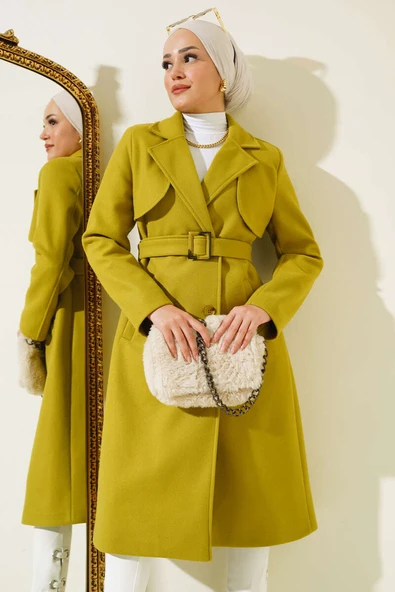 Pelerinli Kuşaklı Kaşe Kaban Yağ Yeşili ürün görseli 1