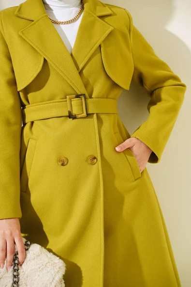 Pelerinli Kuşaklı Kaşe Kaban Yağ Yeşili - Resim 4