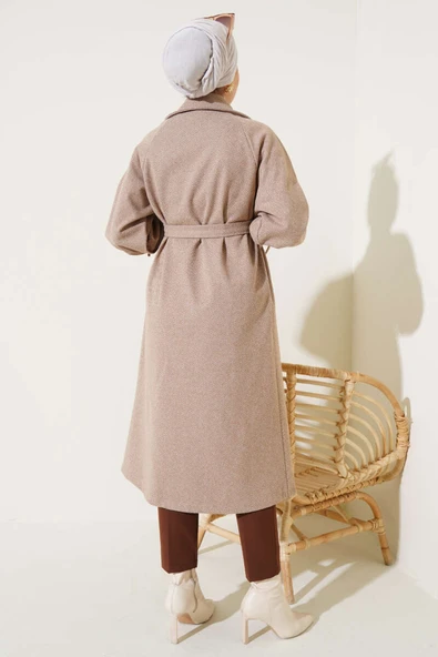 Zikzak Desen Kol İpli Kaşe Kaban Latte - 3