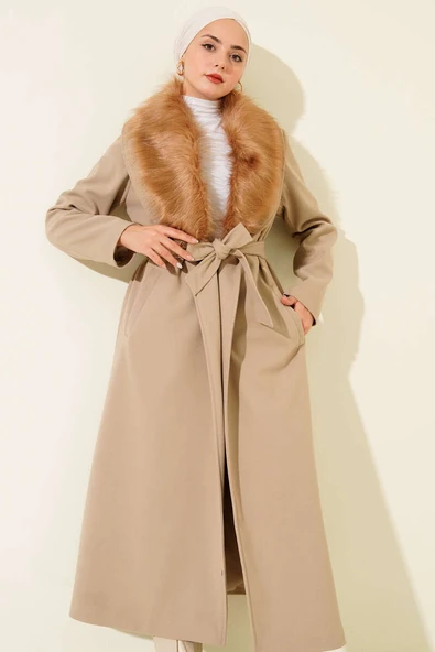 Yaka Kürklü Kuşaklı Uzun Kaban Vizon ürün görseli 1