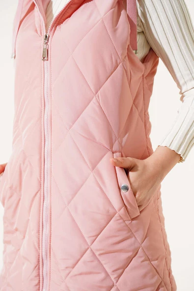 Kapüşonlu Çıtçıt Cepli Şişme Yelek Pudra - Resim 4