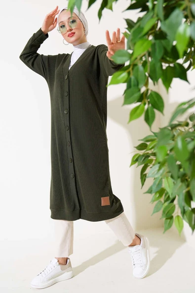 Boy Düğmeli Fitilli Uzun Hırka Haki - Resim 2