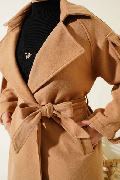 Uzun Apoletli Kaşe Kaban Camel - Resim 4