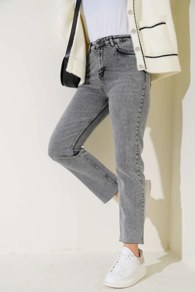 Kesik Dar Paça Kot Pantolon Gri Kar - Resim 2