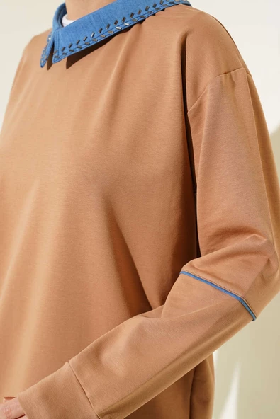Yaka Taşlı İki İplik Tunik Camel - 4