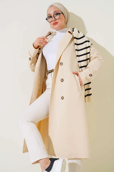Kruvaze Yaka Kuşaklı Düğmeli Trençkot Bej ürün görseli 1
