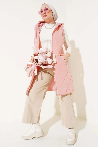 Kapüşonlu Çıtçıt Cepli Şişme Yelek Pudra ürün görseli