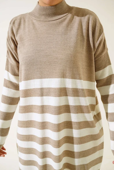 Yarım Boğazlı Çizgili Salaş Triko Tunik Vizon - Resim 4