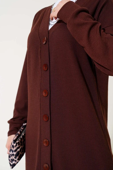 Boy Düğmeli Fitilli Uzun Hırka Kahve - Resim 4