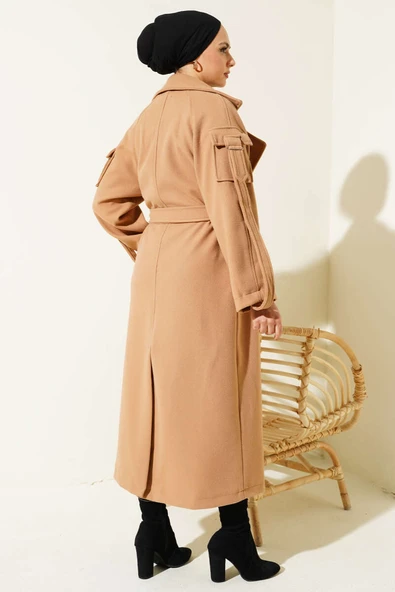 Uzun Apoletli Kaşe Kaban Camel - Resim 3