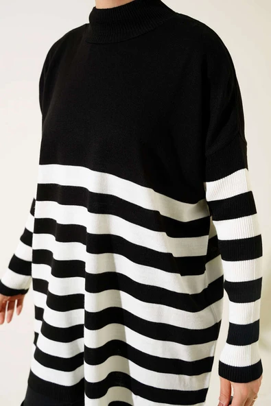 Yarım Boğazlı Çizgili Salaş Triko Tunik Siyah - Resim 4