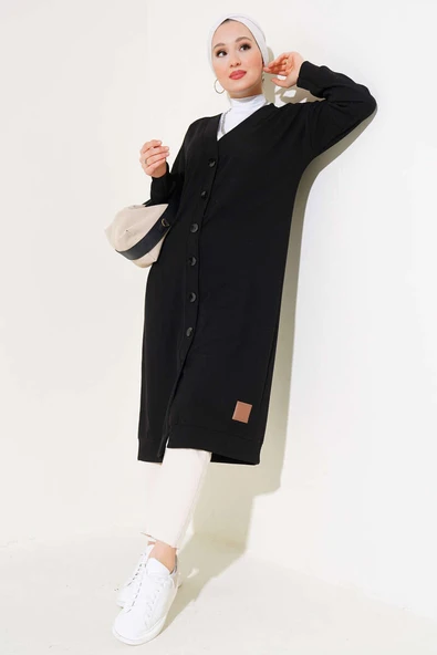 Boy Düğmeli Fitilli Uzun Hırka Siyah ürün görseli 1