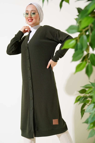 Boy Düğmeli Fitilli Uzun Hırka Haki ürün görseli