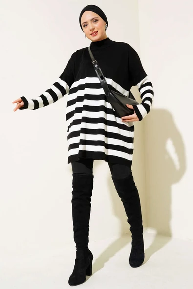 Yarım Boğazlı Çizgili Salaş Triko Tunik Siyah - Resim 2