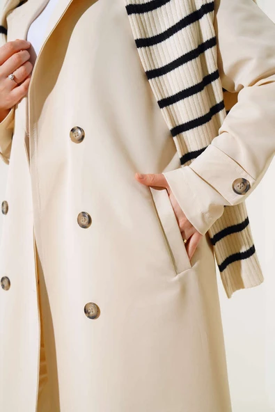 Kruvaze Yaka Kuşaklı Düğmeli Trençkot Bej - Resim 4