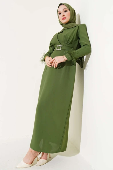 Kol Ucu Tüylü Kemerli Elbise Haki ürün görseli 1