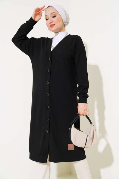 Boy Düğmeli Fitilli Uzun Hırka Siyah - Resim 2
