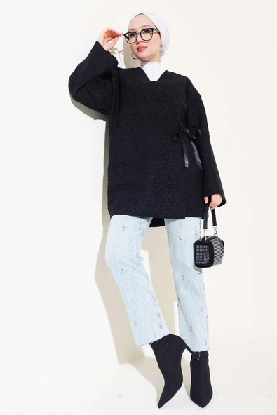 Önü Kurdeleli Buklet Ceket Siyah - Resim 2