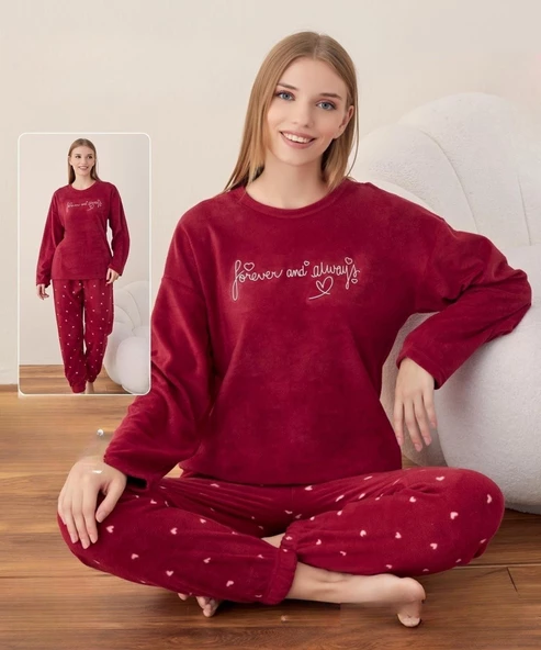 Boyraz Kadın Kışlık Bisiklet Yaka Soft Kadife Pijama Takımı 07012 - 1 Adet  XL Kırmızı