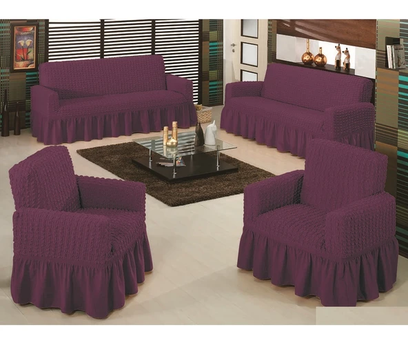 Altın Kelebek Bürümcük Koltuk Örtüsü Maxi Takım (3+3+1+1)-Mürdüm ürün görseli 1