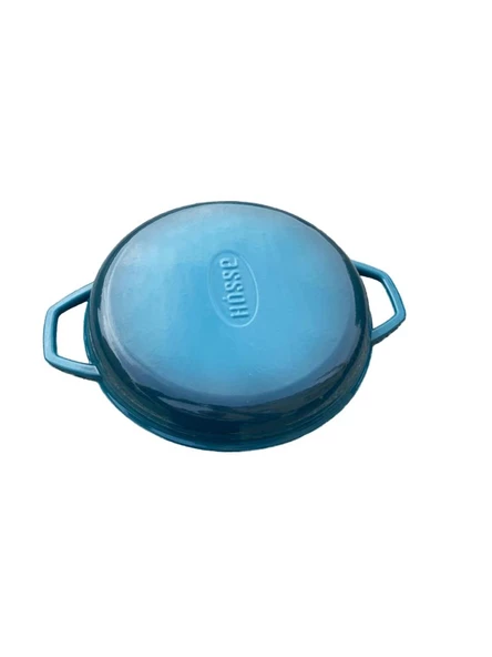 HOSSE 28 cm Yuvarlak Demir Döküm Grill Tava Çift Kulplu Mavi - 3