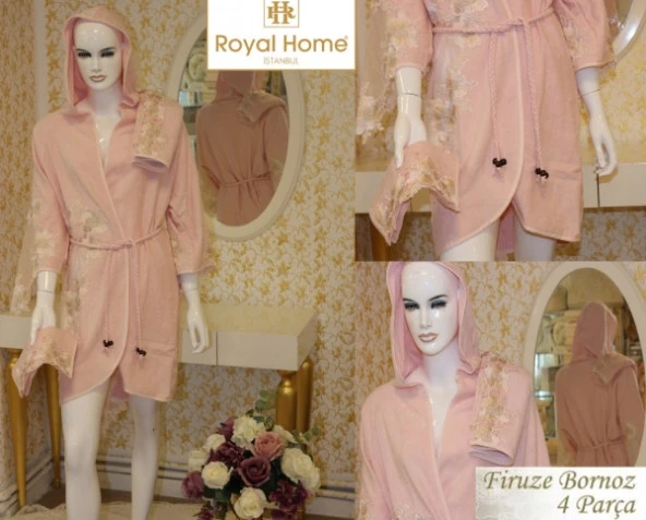Royal Home 4 Parça Bayan Bornoz Seti-FİRUZE PUDRA