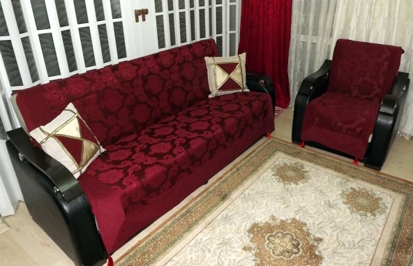 Milenyum Saraylı Lüx kolsuz  Maxi Koltuk Örtüsü Takımı (3+3+1+1)-Bordo