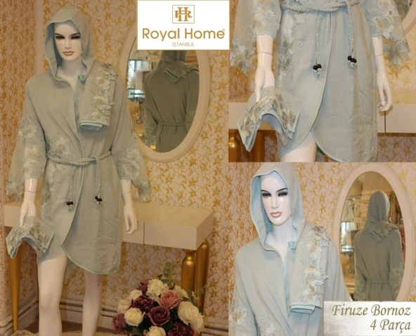 Royal Home 4 Parça Bayan Bornoz Seti-FİRUZE TURKUAZ