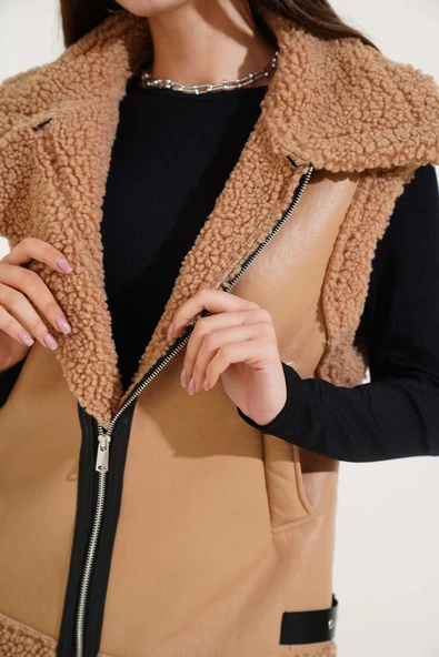 Yün İçli Deri Yelek Latte - Resim 4