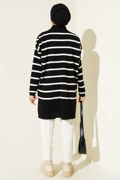 Fitilli Çizgili Salaş Triko Tunik Siyah - Resim 3