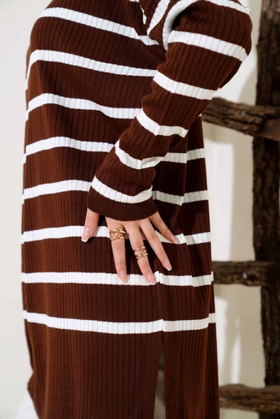 Fitilli Çizgili Salaş Triko Tunik Kahve - Resim 4