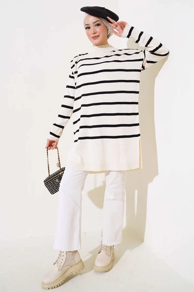 Fitilli Çizgili Salaş Triko Tunik Bej - Resim 2