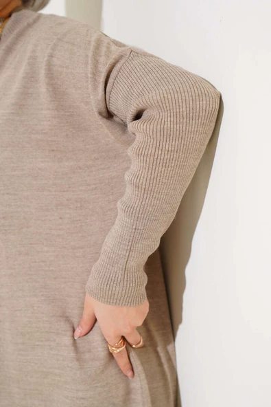 Yarım Boğazlı Kolu Fitilli Triko Tunik Vizon - Resim 4