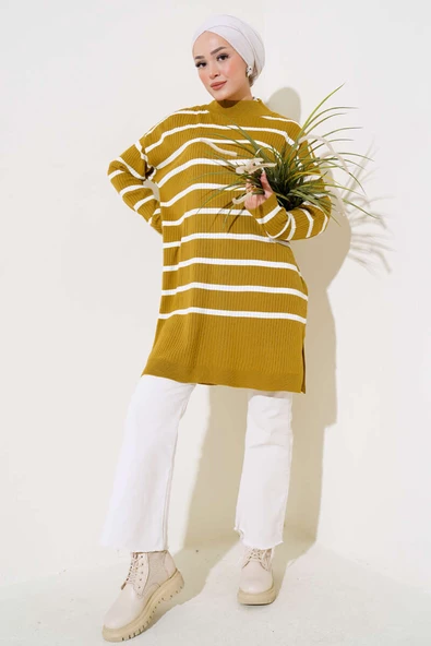 Fitilli Çizgili Salaş Triko Tunik Yağ Yeşili ürün görseli