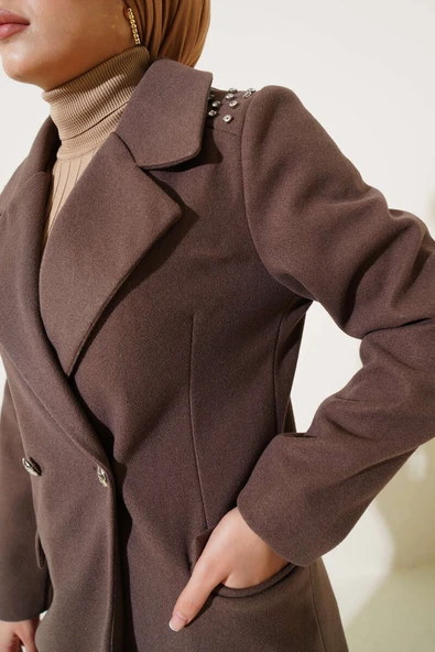 Omuz Taşlı Kaşe Kaban Kahve - Resim 4