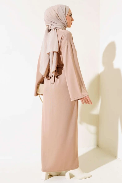 Loyşa Kuşaklı Basic Elbise Latte - Resim 3