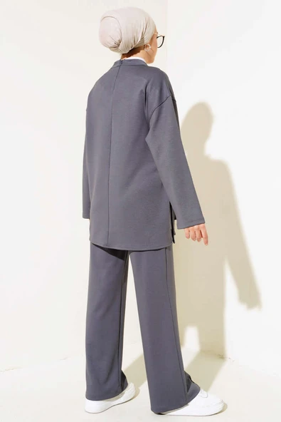 Yandan Bağlamalı Tunik İkili Takım Füme - Resim 3