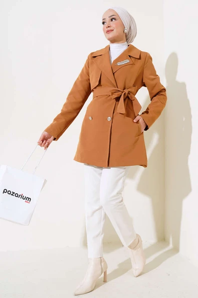 Yaprak Taşlı Pelerinli Trençkot Taba - Resim 2