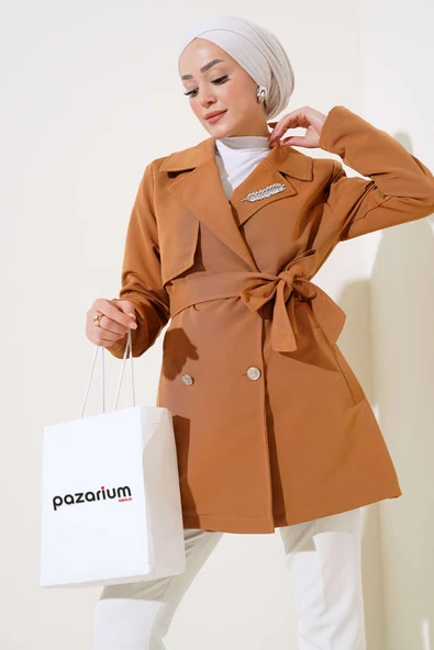 Yaprak Taşlı Pelerinli Trençkot Taba ürün görseli 1