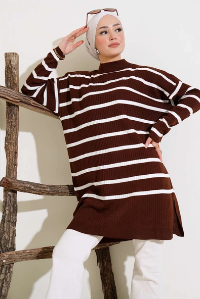 Fitilli Çizgili Salaş Triko Tunik Kahve ürün görseli 1