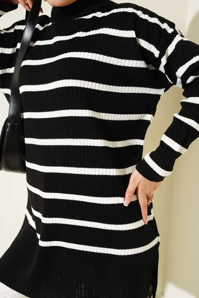 Fitilli Çizgili Salaş Triko Tunik Siyah - Resim 4