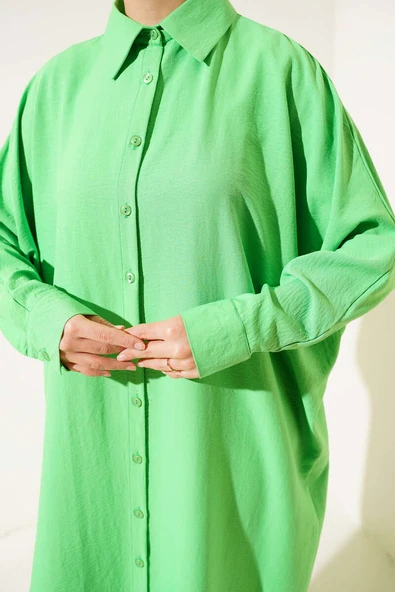 Yarasa Kol Oversize Uzun Gömlek Yeşil - 4