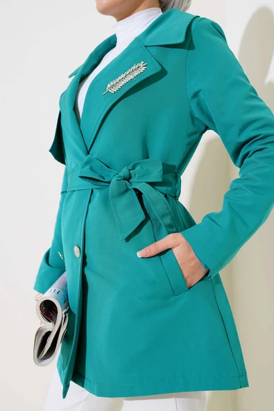 Yaprak Taşlı Pelerinli Trençkot Petrol - Resim 4