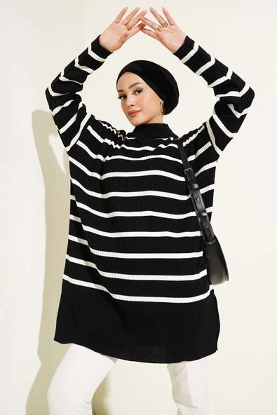 Fitilli Çizgili Salaş Triko Tunik Siyah ürün görseli