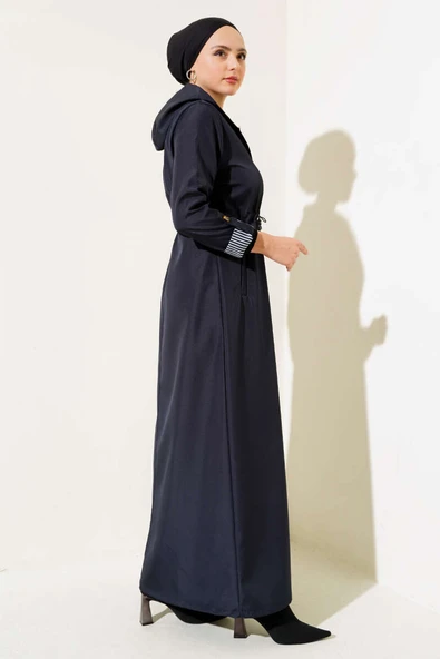 İçi Çizgili Bel Tünelli Trençkot Lacivert - Resim 3