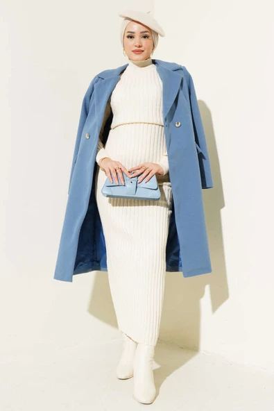 Omuz Taşlı Kaşe Kaban İndigo - 2