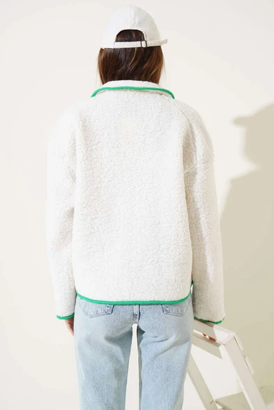 Çıtçıt Düğmeli Peluş Mont Ekru - 3