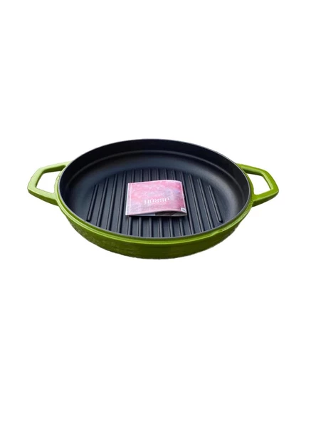 HOSSE 28 cm Yuvarlak Demir Döküm Grill Tava Çift Kulplu Yeşil