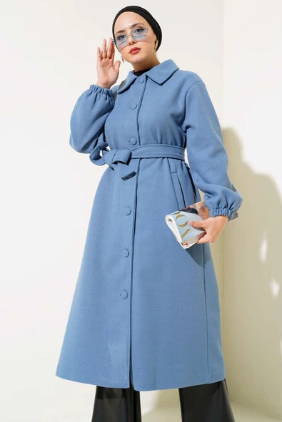 Önü Düğmeli Kuşaklı Kaşe Kaban İndigo - Resim 2