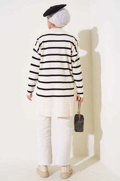 Fitilli Çizgili Salaş Triko Tunik Bej - Resim 3